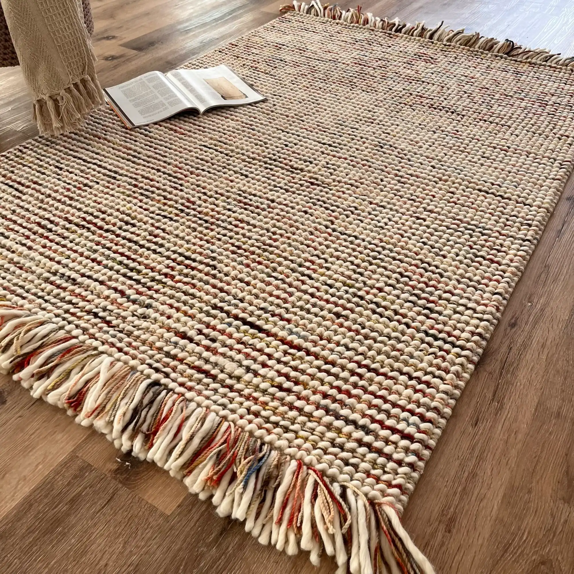 Cara, 100% New Zealand Wool, Hand Woven Woollen Area Rug, Red Multi