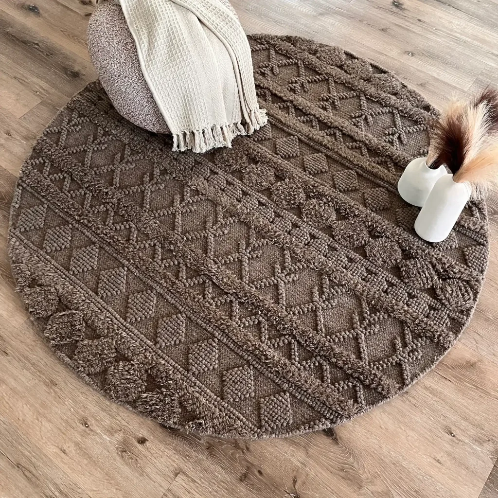 Zephyr Round, 100% Wool, Unique and Artistic Hand Woven Round Rug, Brown