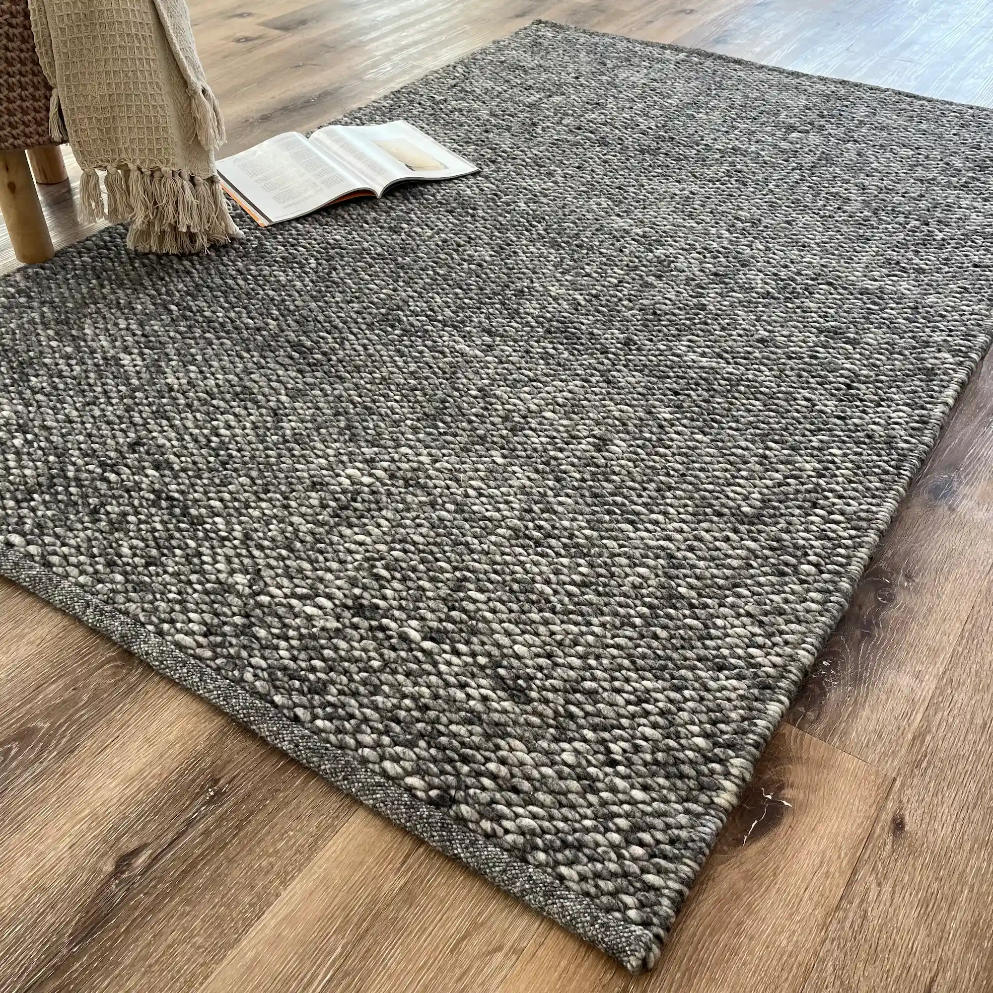 Adon, 100% New Zealand Wool, Thick and Chunky Hand Woven Greek Area Rug, Dark Grey