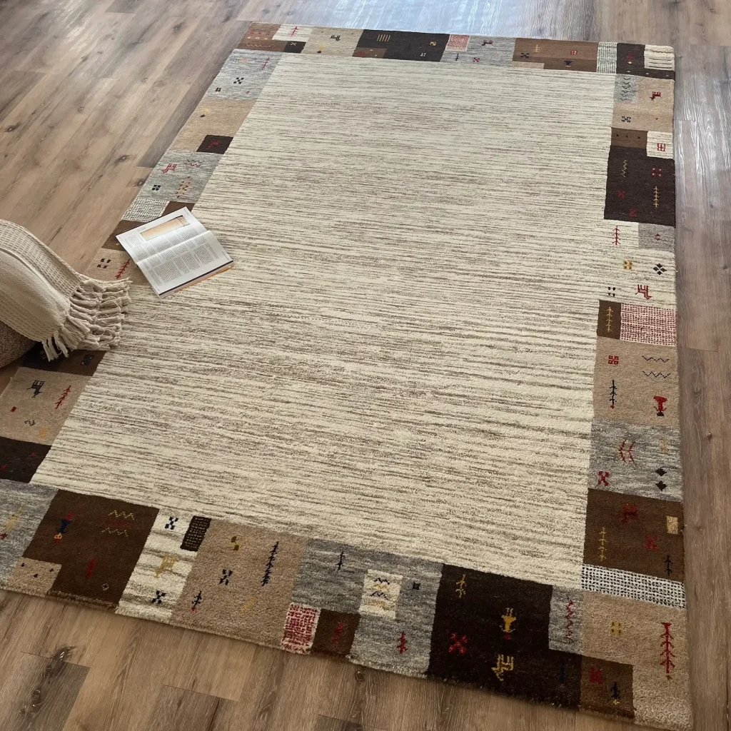 Gabbeh Loribaft, 100% Argentina Wool Pile, Wool Hand Knotted Area Rug, RRH123, Cream Brown