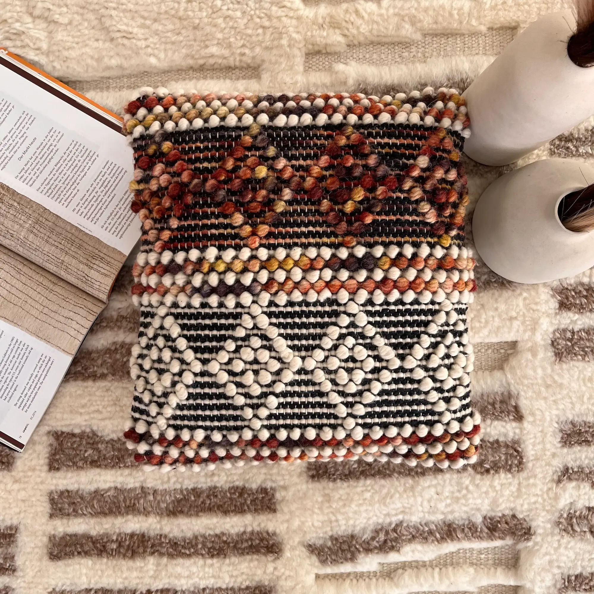 Fresco Cushion, Pre-Filled Luxurious Hand Made Wool Cushion, Red Multi