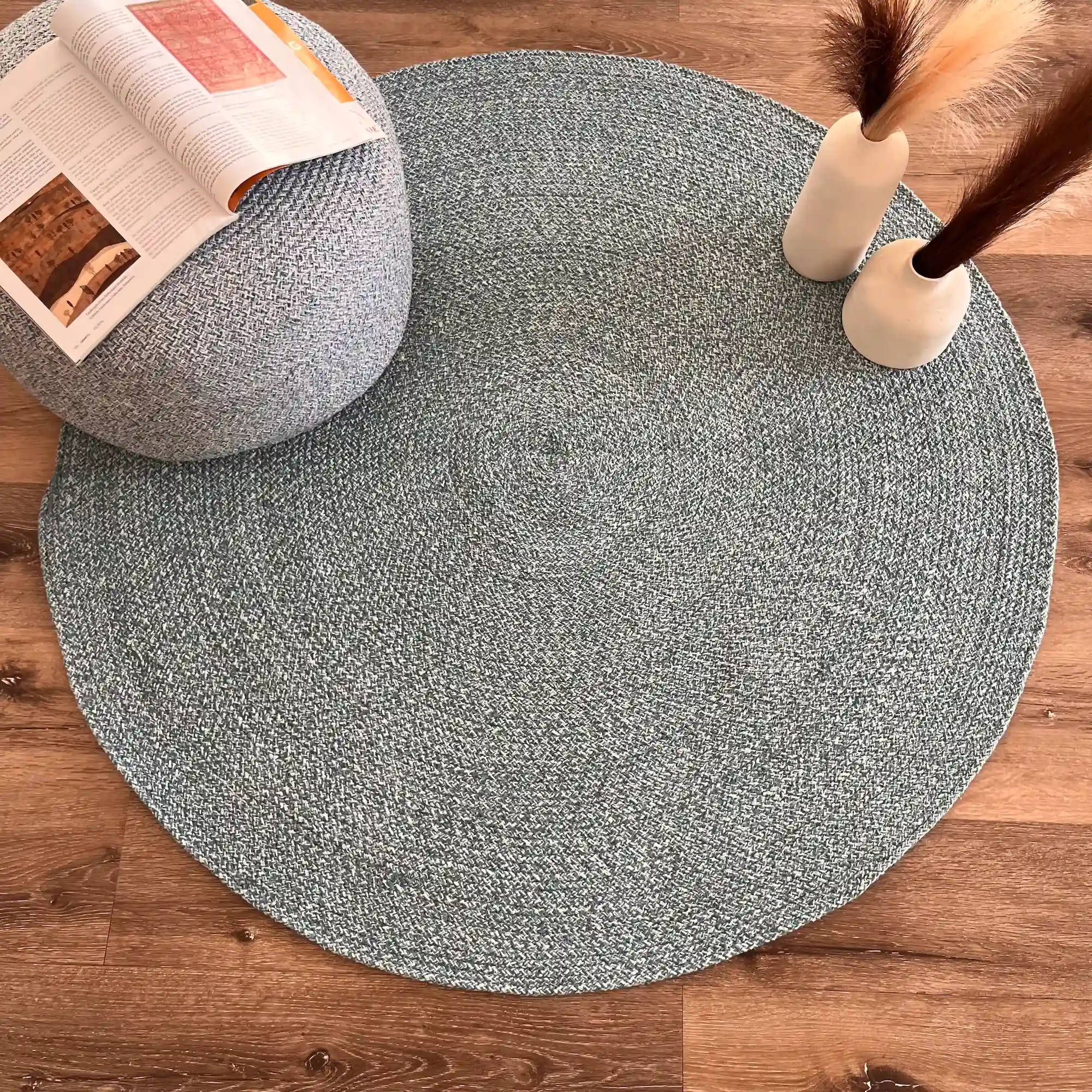 Coral, 100% Cotton, Unique and Artistic Cotton Hand Woven Round Rug, Light Blue