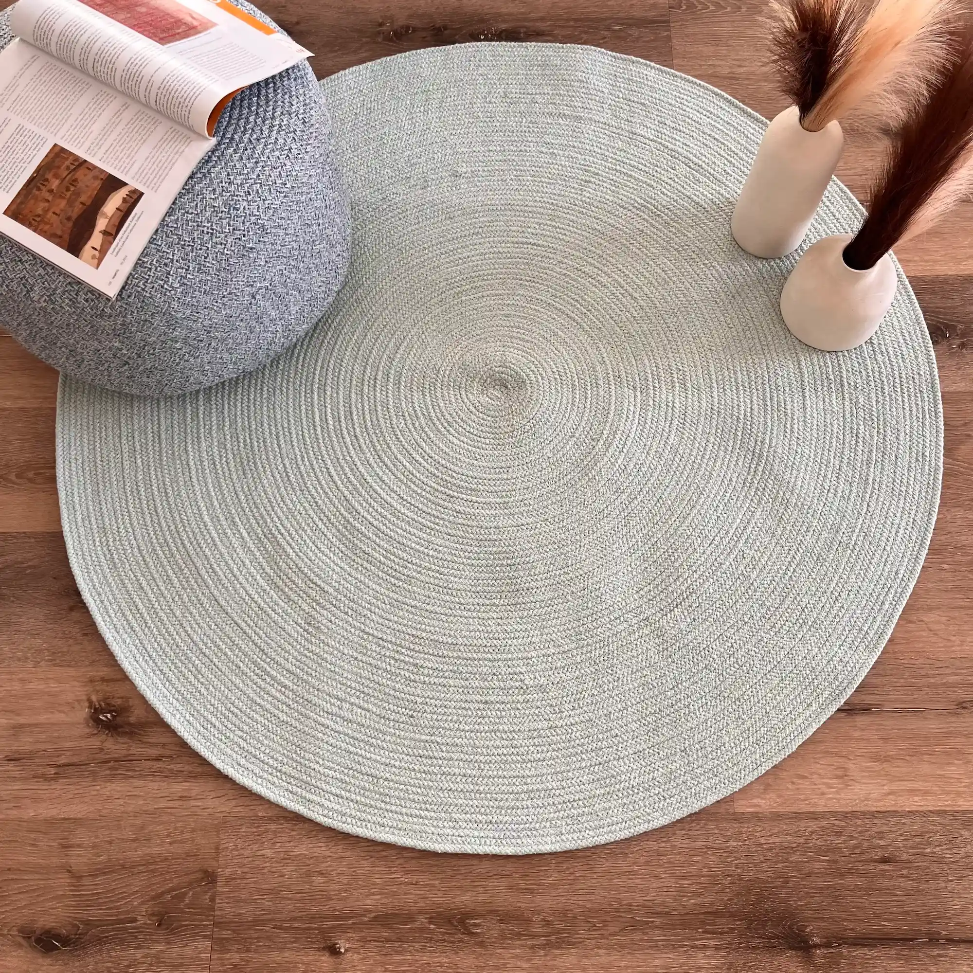 Daisy, 100% Cotton, Unique and Artistic Cotton Hand Woven Round Rug, Light Blue