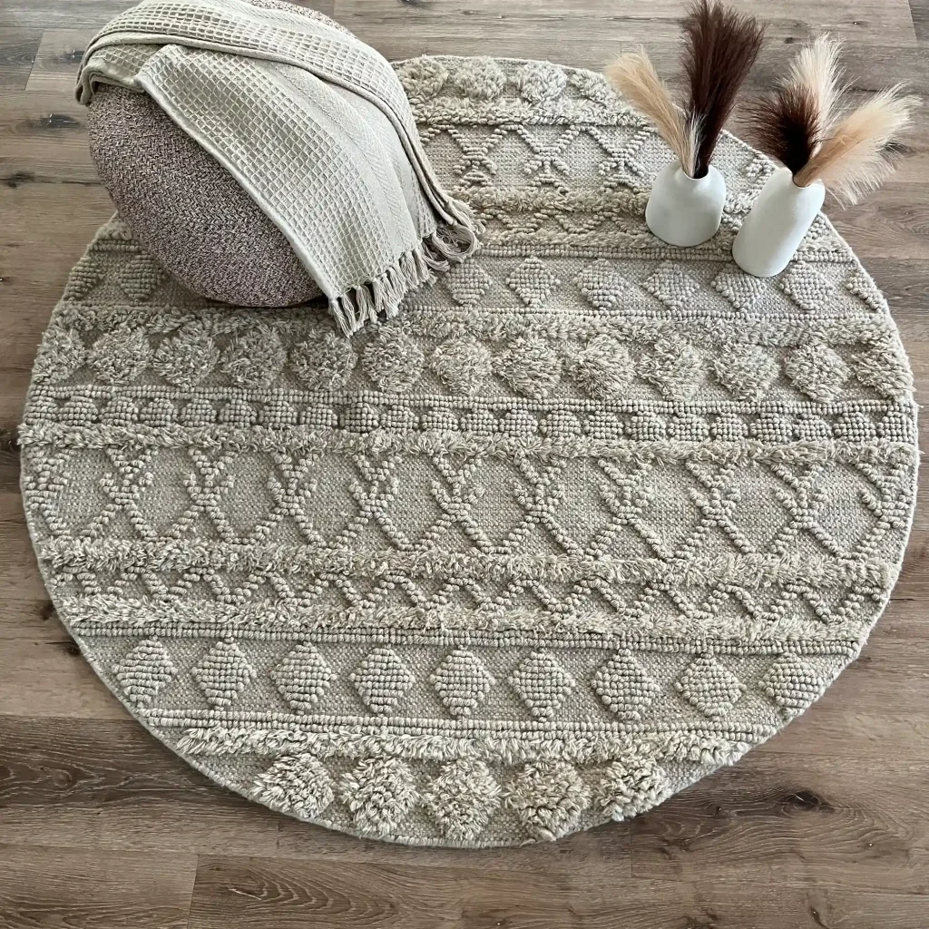 Zephyr Round, 100% Wool, Unique and Artistic Hand Woven Round Rug, Beige