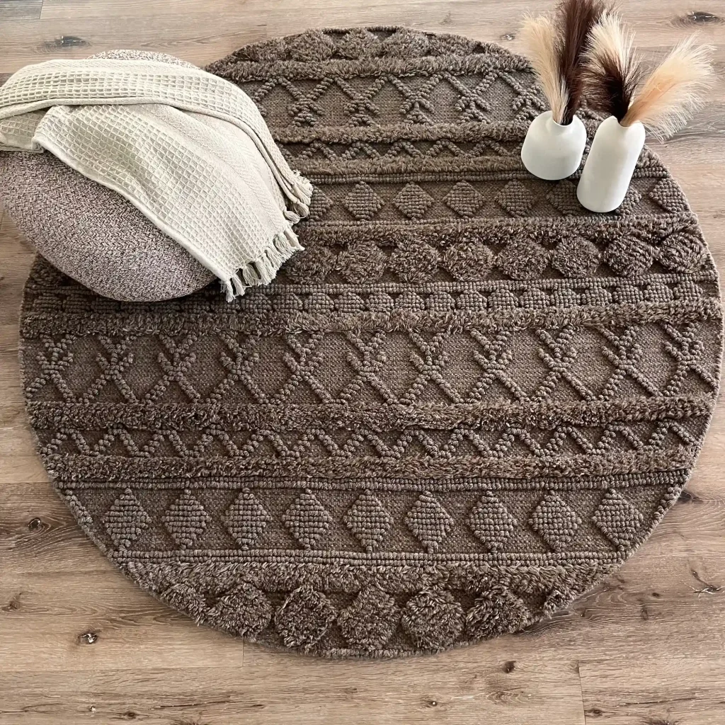 Zephyr Round, 100% Wool, Unique and Artistic Hand Woven Round Rug, Brown