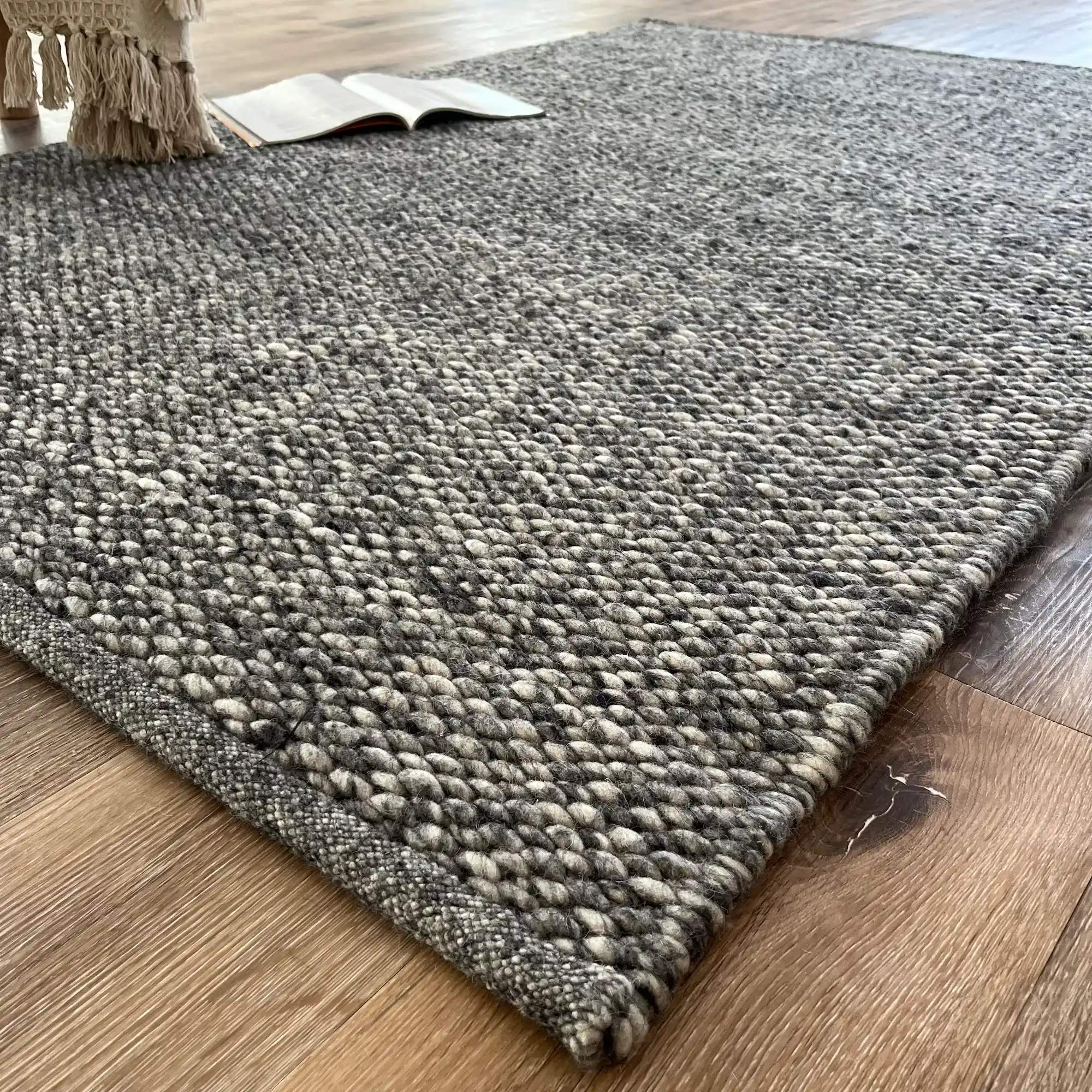 Adon, 100% New Zealand Wool, Thick and Chunky Hand Woven Greek Area Rug, Dark Grey