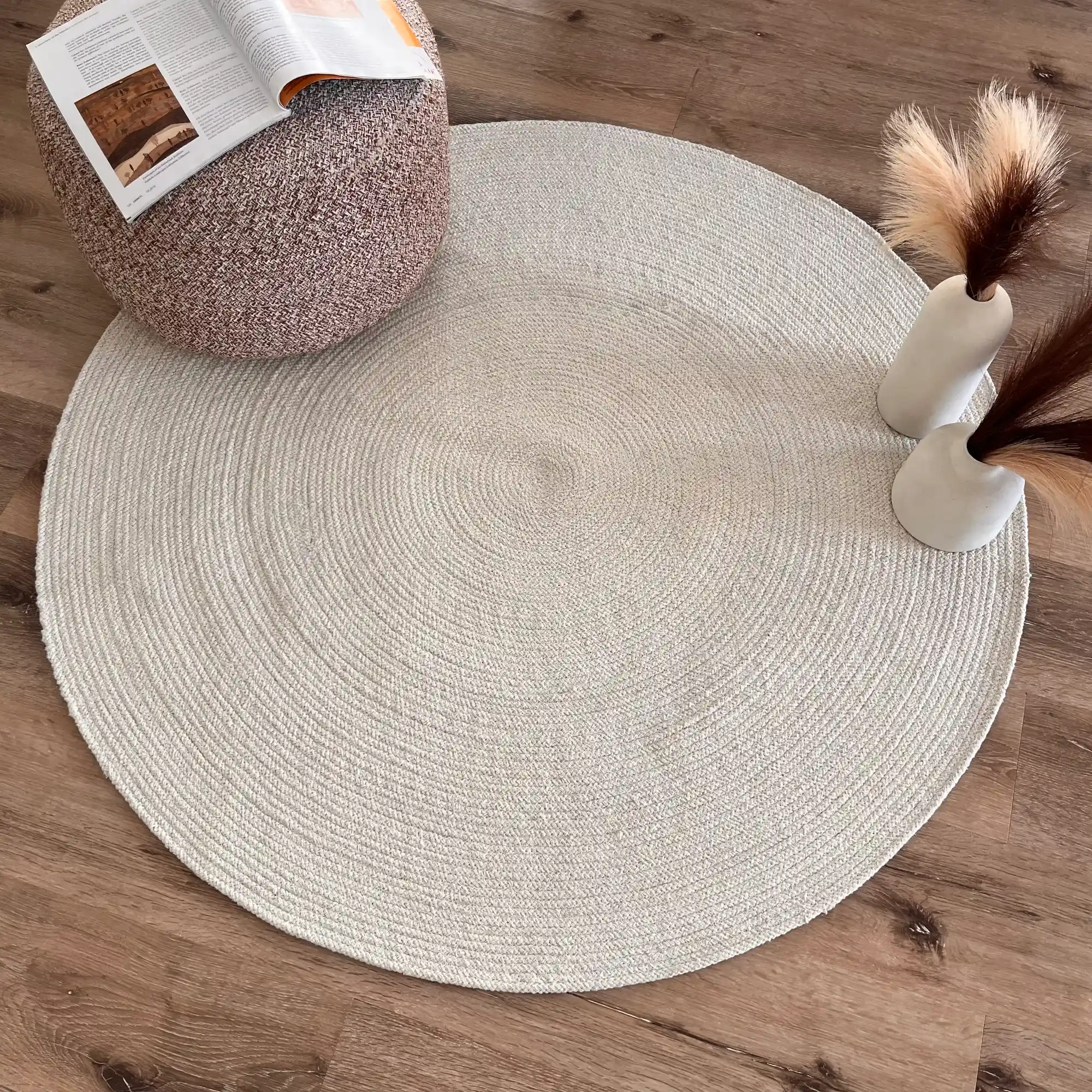 Daisy, 100% Cotton, Unique and Artistic Cotton Hand Woven Round Rug, Cream